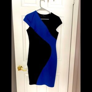 Black Halo Black and Blue Swirl Cap Sleeve Dress